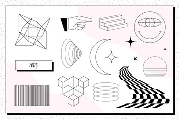Super trendy geometric Y2K brutalism styled linear shapes. Set including stars, deformation, bubbles, arrows and other trendy shapes.