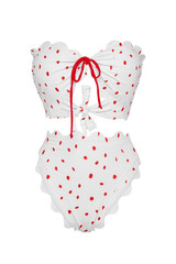 Subject shot of a two-piece white wavy edge swimsuit with red polka dots composed of low-rise bikinis and a bra bandeau with a red bow. The photo is made on the white background. Front view.