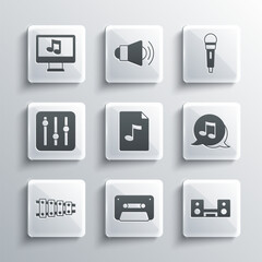 Set Retro audio cassette tape, Home stereo with two speakers, Music note, tone, MP3 file document, Xylophone, Sound mixer controller, Computer music and Microphone icon. Vector