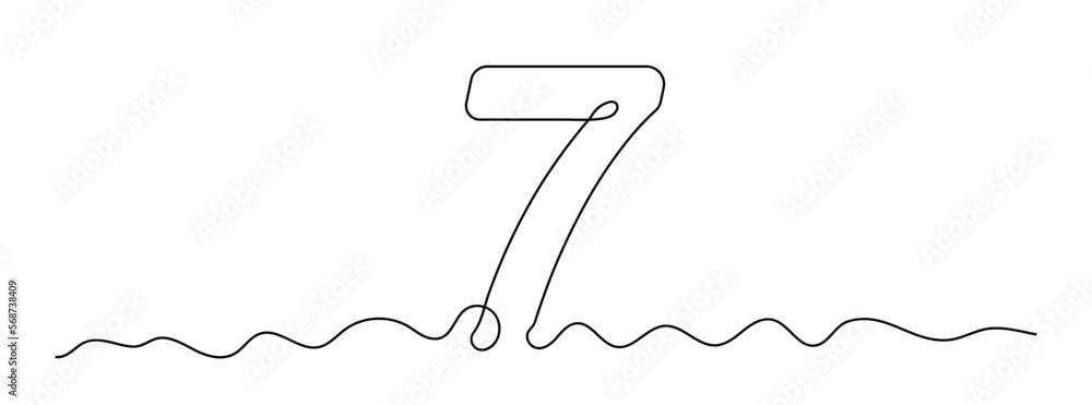 Poster number 7 in continuous line drawing style. line art of number seven. vector illustration. abstract d