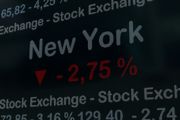 Fototapeta na wymiar New York stock exchange moving down. USA, New York negative stock market data on a trading screen. Red percentage sign and ticker information. Stock exchange and business concept. 3D illustration