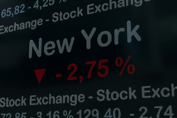 New York stock exchange moving down. USA, New York negative stock market data on a trading screen. Red percentage sign and ticker information. Stock exchange and business concept. 3D illustration