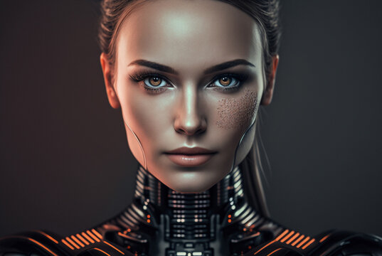 a woman half-robot or a humanoid android with artificial intelligence parts or a technological upgrade as human evolution, mechanical body parts. Generative AI
