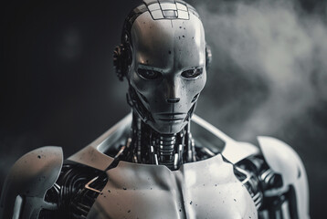 a machine with a menacing expression on its face, autonomous humanoid android robot with artificial intelligence. Generative AI