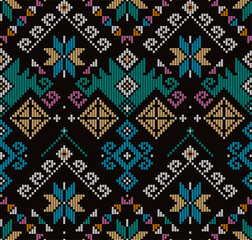 Yakan weaving inspired vector seamless pattern - Filipino traditonal geometric textile or fabric print design on black background
