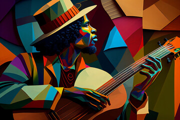 Afro-American male musician guitarist playing a guitar in an abstract cubist style painting for a poster or flyer, computer Generative AI stock illustration - obrazy, fototapety, plakaty