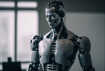 a man half-robot or a humanoid android with artificial intelligence parts or a technological upgrade as human evolution, mechanical body parts. Generative AI