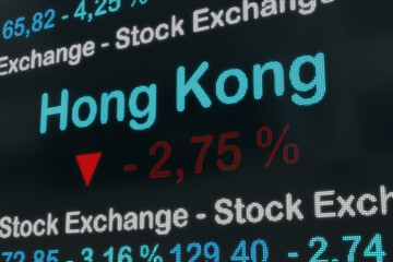 Fototapeta na wymiar Hong Kong stock exchange moving down. China, Hong Kong, negative stock market data on a trading screen. Red percentage sign and ticker information. Stock exchange and business concept. 3D illustration