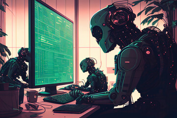 Humanoid robot office workers who have obtained jobs working on computer screens in a business call centre workplace, Generative AI stock illustration image