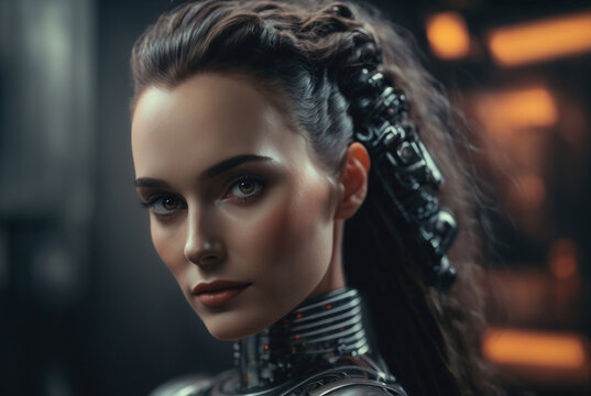 a woman half-robot or a humanoid android with artificial intelligence parts or a technological upgrade as human evolution, mechanical body parts. Generative AI