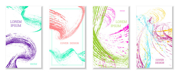 Drawn strokes, waves. Abstract cover. Set of 4 covers, vector.