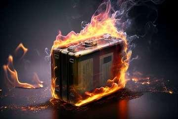 Fotobehang Lithium battery which has caught fire and exploded due to overheating of a poorly manufactured product which could be a safety hazard to a user, computer Generative AI stock illustration © Tony Baggett