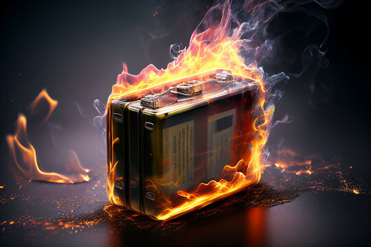 Lithium battery which has caught fire and exploded due to overheating of a poorly manufactured product which could be a safety hazard to a user, computer Generative AI stock illustration