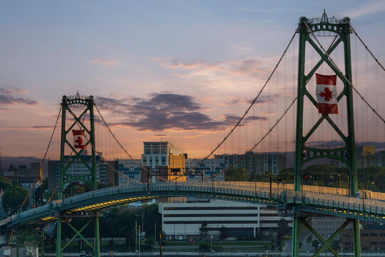 Angus L. Macdonald Bridge at dusk. It connects Halifax and Dartmouth, Nova Scotia.