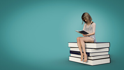 3d illustration. Woman reading a book while sitting on stack of books. 3D render