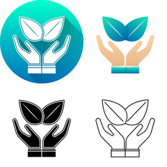 Two-Hand Holding Organic Green Leaf Science Icon, Set of Flat Diagonal Shadow, Color, Black-White Silhouette, Line Art Logo Icon Symbol Isolated on White Background for Science Medical