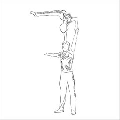 Acrobatic, balance, performance, cooperation concept. Hand drawn acrobats on scene . Isolated vector illustration , acrobatics, sketch illustration