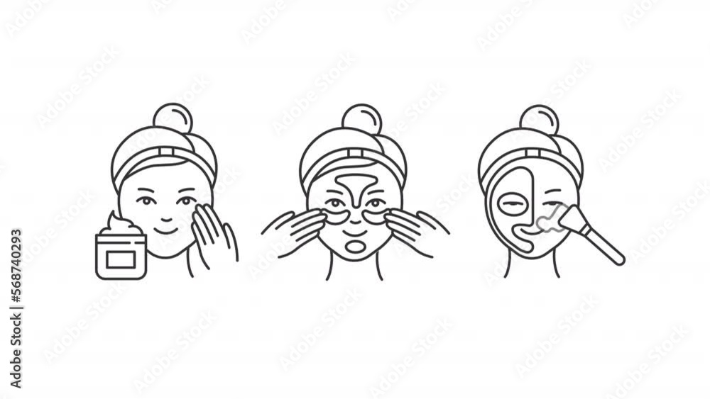 Poster animated face care linear icons. applying facial cream and mask. beauty routine. cosmetics. seamless