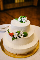 White wedding cake with flowers for wedding banquet. Delicious reception. Copy space. Celebration party concept. Trendy Cake.