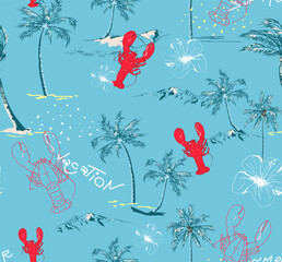 Lobster Summer Beach Tropical Palm Island Hand Draw Vector illustration Seamless Pattern On Turquoise  Blue Background Wallpaper 