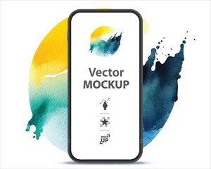 Mobile Phone Vector Mockup Illustration. Smartphone isolated on colorful watercolor background. 