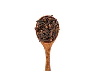 Top view of a wooden spoon full of clove seasoning.