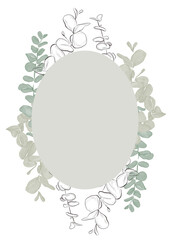 Floral frame with watercolor and line art plants and herbs.  Eucalyptus herbal plant frame