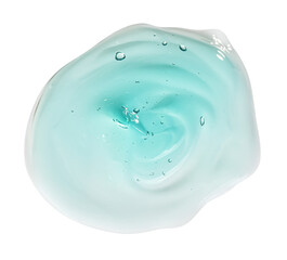 Sample of turquoise facial gel on white background, top view