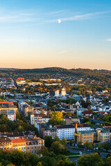 Plauen city with Kemmler hill above from Barenstein hill in Germany