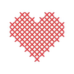 Red cross stitch heart embroidered on a white background. Needlework vector illustration.
