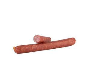 Whole and half thin half-smoked sausage on a white background.