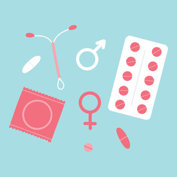 Types of contraception. Pills, calendar, patch, condom and coil. Vector illustration in a flat style.