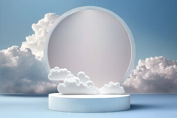 Podium with Mirror reflecting the sky and clouds for cosmetic product. . Art minimal style concept. Generative AI