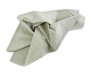 Crumpled light grey towel for kitchen isolated on white, top view