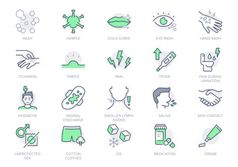 Herpes symptoms line icons. Vector illustration include icon - blister, pimple, pain, fever, vaginal, discharge, sores, blister outline pictogram for rash virus. Green Color, Editable Stroke
