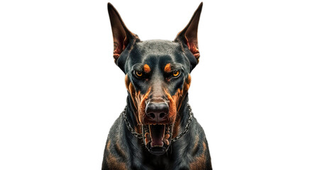 Angry doberman dog, isolated on transparent background. Doberman dog portrait. Post-processed generative AI - obrazy, fototapety, plakaty