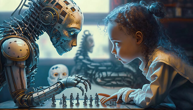 Playing chess with robot, girl, cg, white, abstract, robot, chess, HD  wallpaper