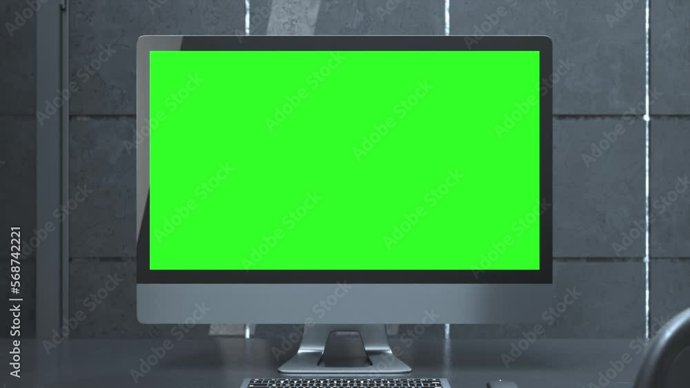 Poster computer green screen mock-up on work desk in office dark room. designed in minimal concept. can be 