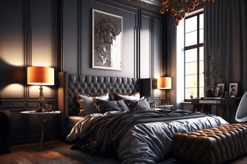 Luxury Cozy Bedroom Modern Interior Design with a large painting on the wall. 3d render Generative AI Stock Illustration