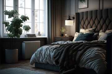 Luxury Cozy Bedroom Modern Interior Design. 3d render Generative AI Stock Illustration