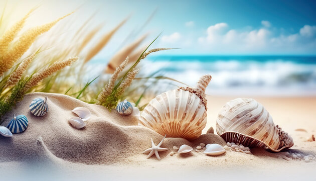 Shells on sandy beach. Tropical beach with sea shells on sand. Summer holiday concept. Post-processed generative AI