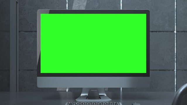 Computer Green screen Mock-Up on work desk in office dark room. Designed in minimal concept. Can be used in education or business background. Animation, 3D Render.