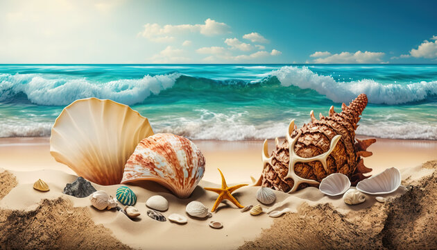 Shells on sandy beach. Tropical beach with sea shells on sand. Summer holiday concept. Post-processed generative AI
