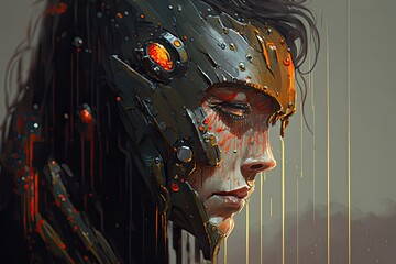 Sideview of a Cyborg crying in the rain, digital illustration, ai art, painting