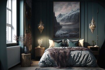 Luxury Cozy Bedroom Modern Interior Design with a large painting on the wall. 3d render Generative AI Stock Illustration