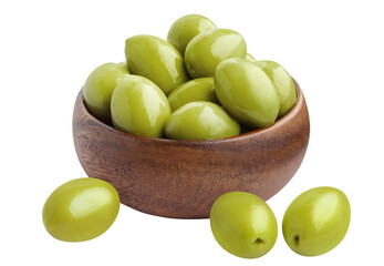Delicious green ripe olives in a wooden bowl cut out
