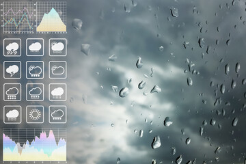 Weather symbol with graph and chart on glass surface with raindrop and blurry outdoor storm clouds for meteorology presentation and report background.