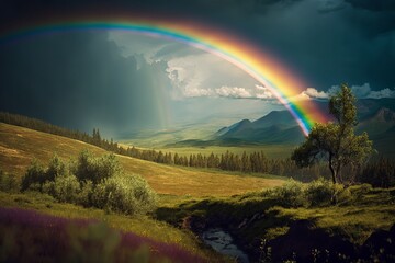 Fototapeta na wymiar beautiful rainbow in an alpine mountain landscape, generative ai