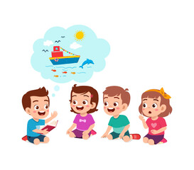 little kid read story book and friend listening