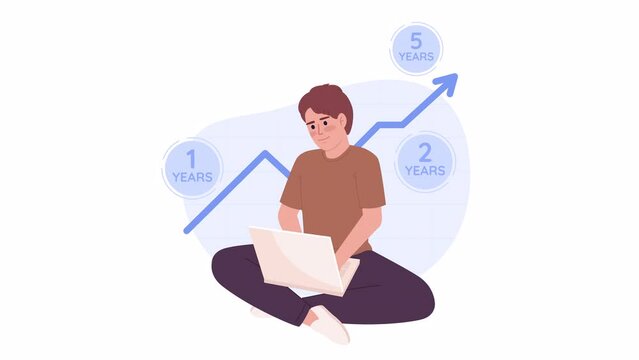 Animated long term investment. Creating trading plan. Stock market. 4K video footage. Concept animation. Looped 2D cartoon flat character on white with alpha channel transparency for web design
